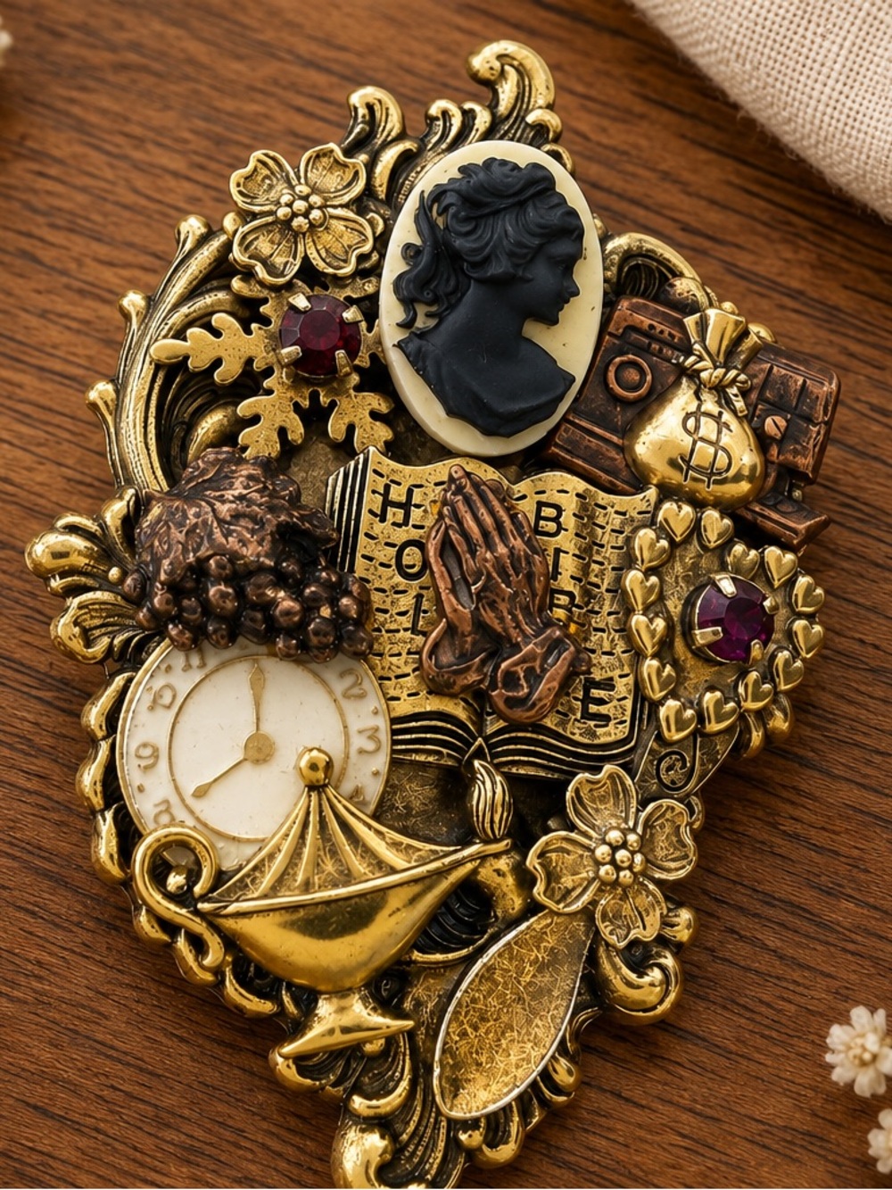 Scripture Wear Vintage Inspirational Collage Brooch – Gold Tone Cameo Faith Pin - Picture 1 of 4